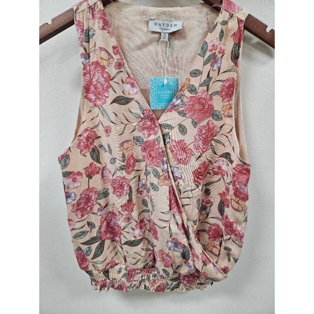 NEW HAYDEN LA women's romantic floral smocked surplice tank top in pink